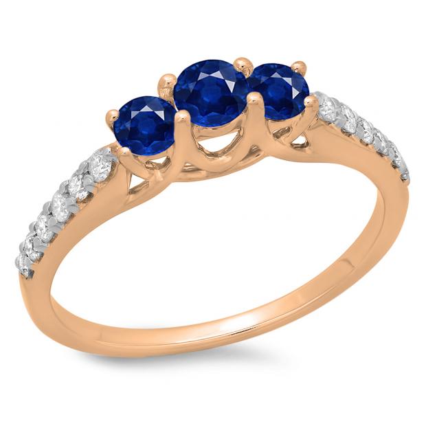 0.75 Carat (ctw) 14K Rose Gold Round Cut Blue Sapphire & White Diamond Ladies Bridal 3 Stone Engagement Ring 3/4 CT