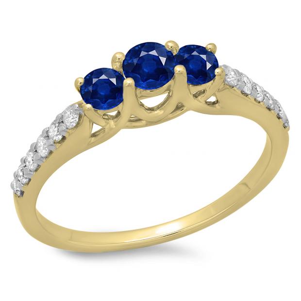 0.75 Carat (ctw) 14K Yellow Gold Round Cut Blue Sapphire & White Diamond Ladies Bridal 3 Stone Engagement Ring 3/4 CT
