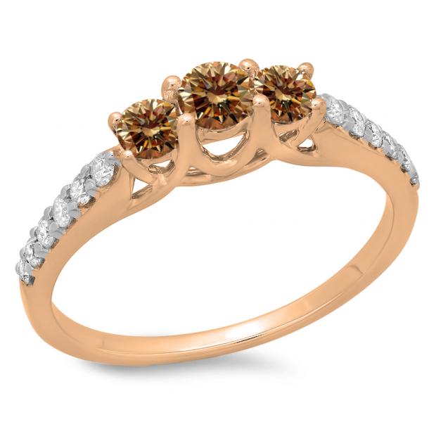 0.75 Carat (ctw) 14K Rose Gold Round Cut Champagne & White Diamond Ladies Bridal 3 Stone Engagement Ring 3/4 CT