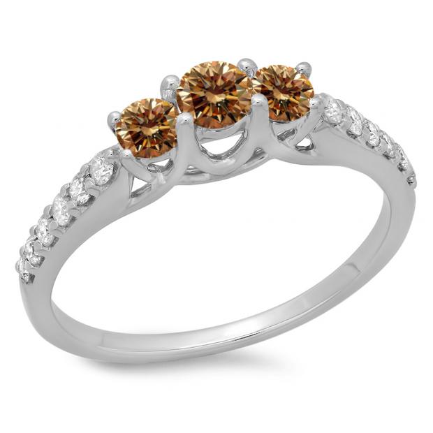 0.75 Carat (ctw) 14K White Gold Round Cut Champagne & White Diamond Ladies Bridal 3 Stone Engagement Ring 3/4 CT