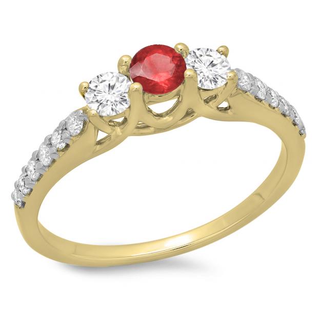 0.75 Carat (ctw) 14K Yellow Gold Round Cut Red Ruby & White Diamond Ladies Bridal 3 Stone Engagement Ring 3/4 CT