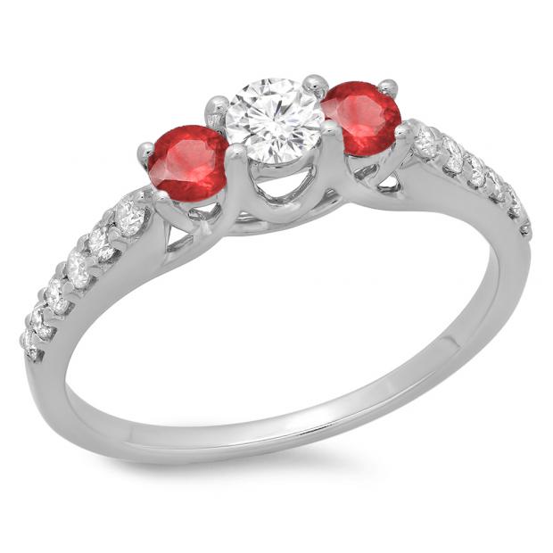 0.75 Carat (ctw) 14K White Gold Round Cut Red Ruby & White Diamond Ladies Bridal 3 Stone Engagement Ring 3/4 CT