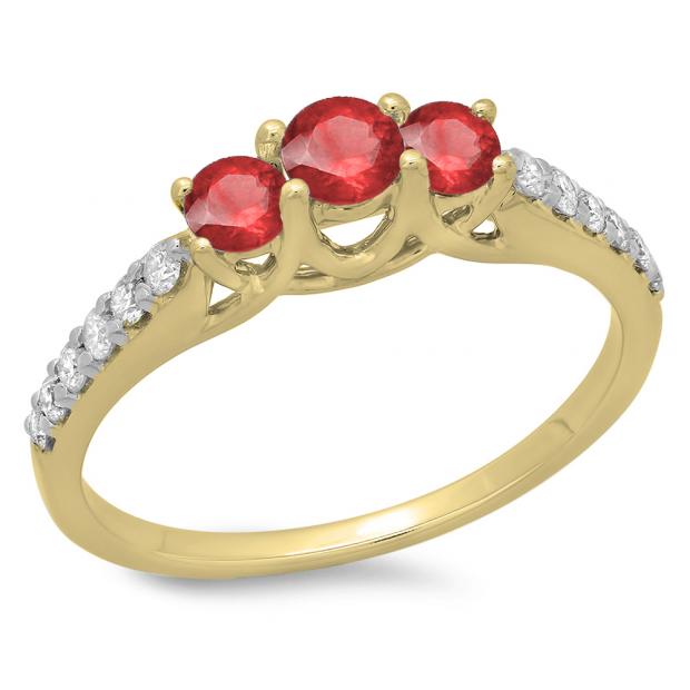0.75 Carat (ctw) 14K Yellow Gold Round Cut Red Ruby & White Diamond Ladies Bridal 3 Stone Engagement Ring 3/4 CT