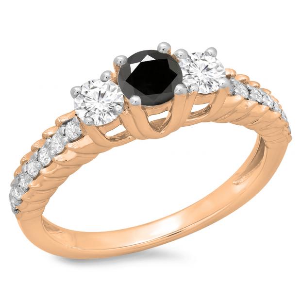 1.00 Carat (ctw) 10K Rose Gold Round Cut Black & White Diamond Ladies Bridal 3 Stone Engagement Ring 1 CT
