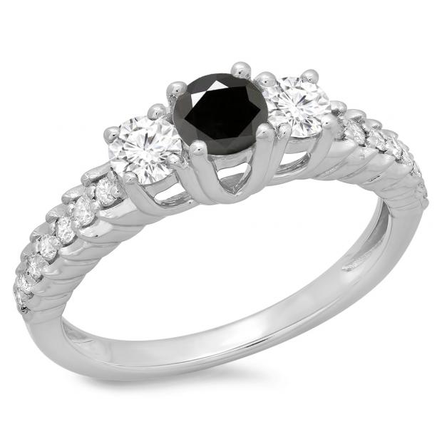 1.00 Carat (ctw) 10K White Gold Round Cut Black & White Diamond Ladies Bridal 3 Stone Engagement Ring 1 CT