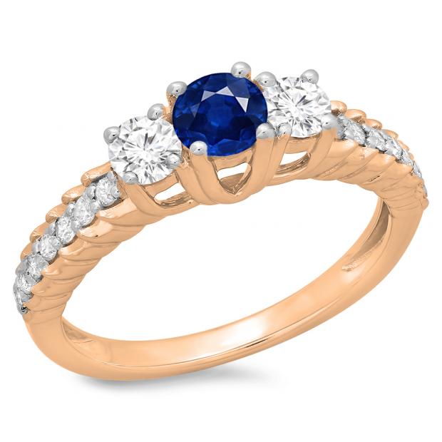 1.00 Carat (ctw) 10K Rose Gold Round Cut Blue Sapphire & White Diamond Ladies Bridal 3 Stone Engagement Ring 1 CT