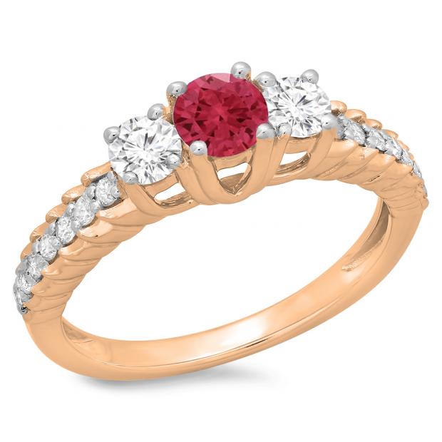 1.00 Carat (ctw) 18K Rose Gold Round Cut Red Ruby & White Diamond Ladies Bridal 3 Stone Engagement Ring 1 CT