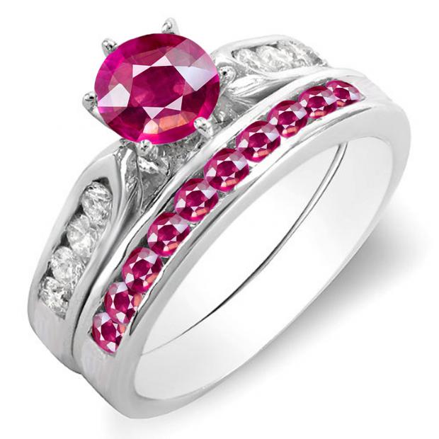 1.00 Carat (ctw) 10K White Gold Round Pink Ruby & White Diamond Ladies Bridal Engagement Ring Set With Matching Band 1 CT