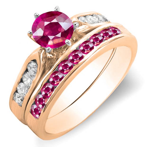 1.00 Carat (ctw) 14K Rose Gold Round Pink Ruby & White Diamond Ladies Bridal Engagement Ring Set With Matching Band 1 CT