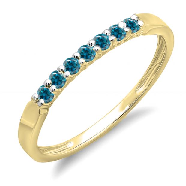 0.25 Carat (ctw) 10K Yellow Gold Round Blue Diamond Ladies 7 Stone Anniversary Wedding Band Stackable Ring 1/4 CT