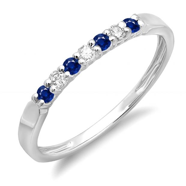 0.25 Carat (ctw) 10K White Gold Round Blue Sapphire & White Diamond Ladies 7 Stone Anniversary Wedding Band Stackable Ring 1/4 CT