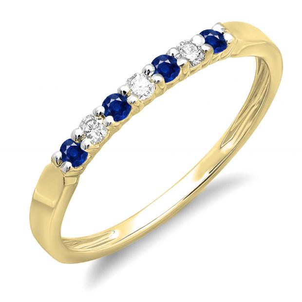0.25 Carat (ctw) 14K Yellow Gold Round Blue Sapphire & White Diamond Ladies 7 Stone Anniversary Wedding Band Stackable Ring 1/4 CT