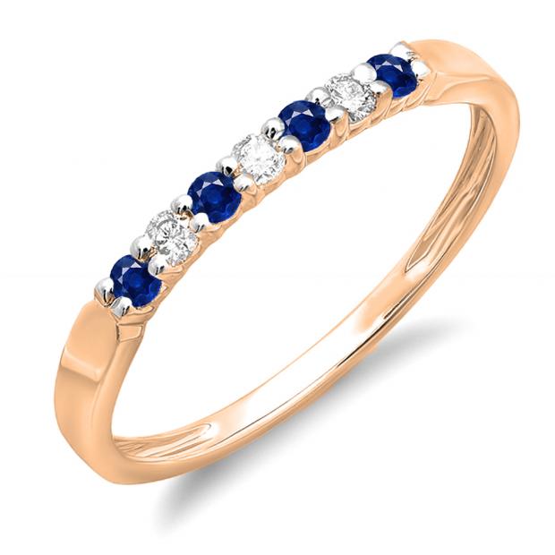 0.25 Carat (ctw) 18K Rose Gold Round Blue Sapphire & White Diamond Ladies 7 Stone Anniversary Wedding Band Stackable Ring 1/4 CT