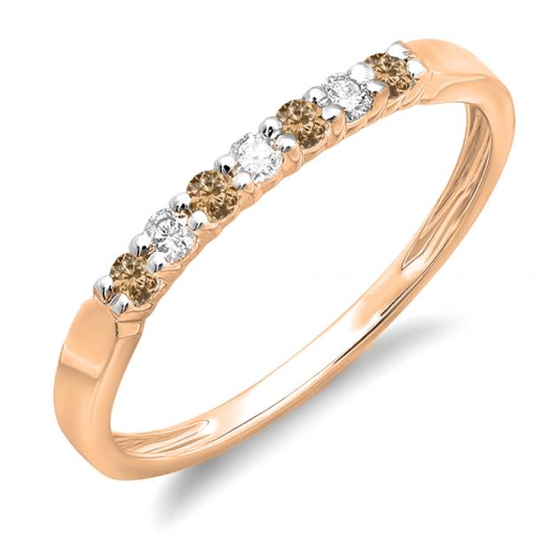 0.25 Carat (ctw) 10K Rose Gold Round Champagne & White Diamond Ladies 7 Stone Anniversary Wedding Band Stackable Ring 1/4 CT