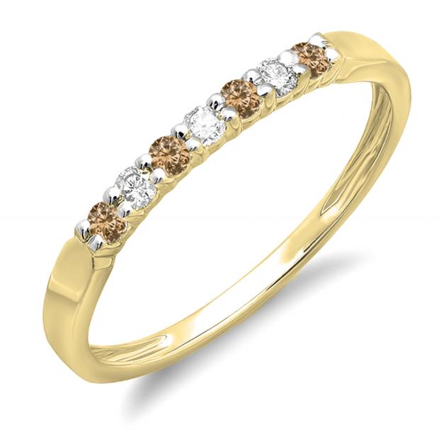 0.25 Carat (ctw) 18K Yellow Gold Round Champagne & White Diamond Ladies 7 Stone Anniversary Wedding Band Stackable Ring 1/4 CT