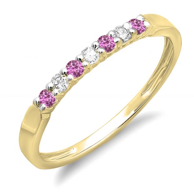 0.25 Carat (ctw) 14K Yellow Gold Round Pink Sapphire & White Diamond Ladies 7 Stone Anniversary Wedding Band Stackable Ring 1/4 CT