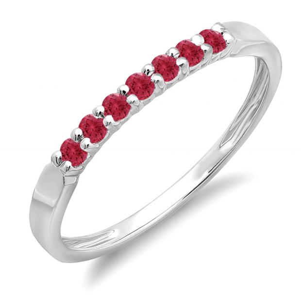 0.25 Carat (ctw) 10K White Gold Round Red Ruby Ladies 7 Stone Anniversary Wedding Band Stackable Ring 1/4 CT