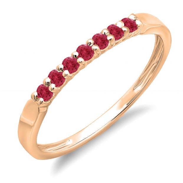 0.25 Carat (ctw) 14K Rose Gold Round Red Ruby Ladies 7 Stone Anniversary Wedding Band Stackable Ring 1/4 CT