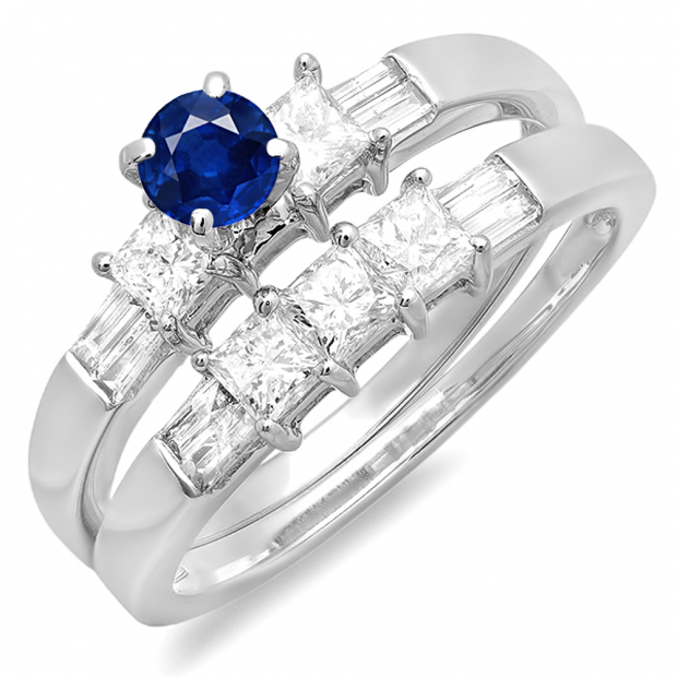 1.00 Carat (ctw) 10K White Gold Round Princess & Baguette Cut Blue Sapphire & White Diamond Ladies Bridal Engagement Ring Set 1 CT
