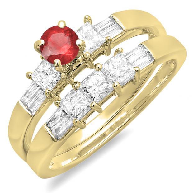 1.00 Carat (ctw) 10K Yellow Gold Round Princess & Baguette Cut Red Ruby & White Diamond Ladies Bridal Engagement Ring Set 1 CT