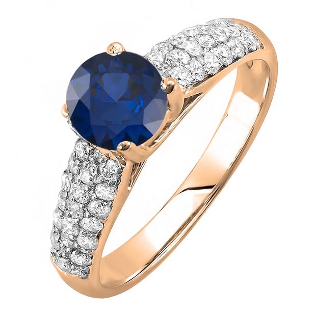 1.22 Carat (ctw) 10K Rose Gold Round Blue Sapphire & White Diamond Pave set Bridal Engagement Ring 0.72 CT center included 1 1/4 CT