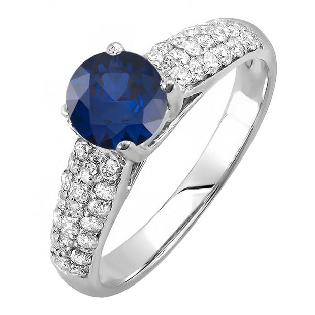 1.22 Carat (ctw) 14K White Gold Round Blue Sapphire & White Diamond Pave set Bridal Engagement Ring 0.72 CT center included 1 1/4 CT