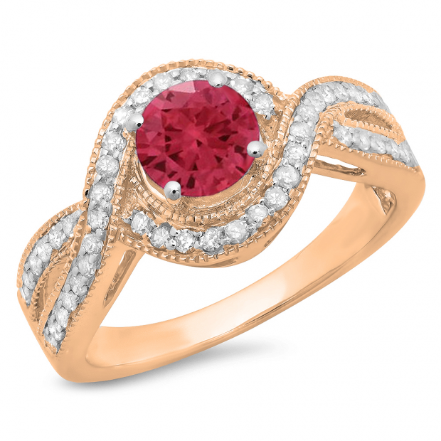 1.15 Carat (ctw) 18K Rose Gold Round Cut Red Ruby & White Diamond Ladies Twisted Swirl Split Shank Bridal Halo Engagement Ring