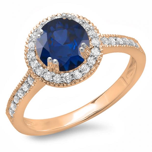 1.15 Carat (ctw) 18K Rose Gold Round Blue Sapphire & White Diamond Ladies Bridal Halo Style Engagement Ring