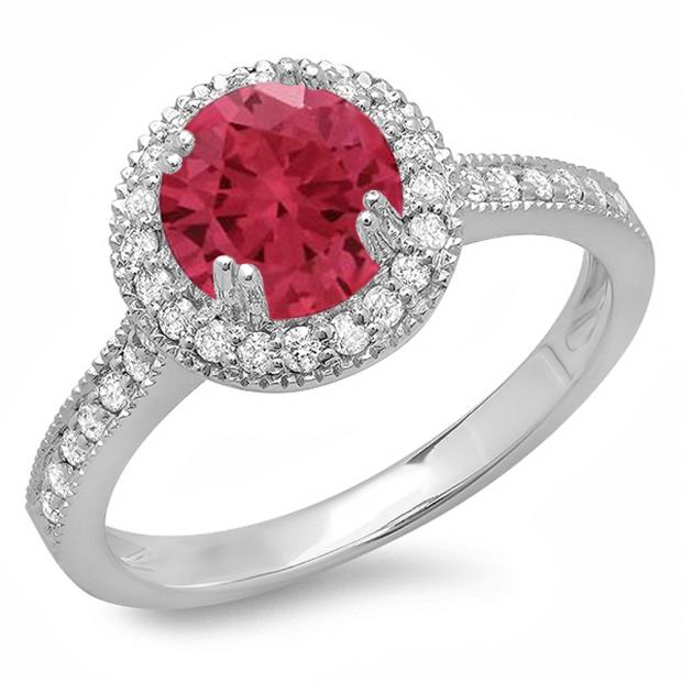 1.15 Carat (ctw) 10K White Gold Round Red Ruby & White Diamond Ladies Bridal Halo Style Engagement Ring