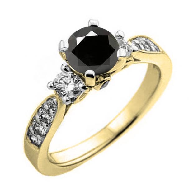 1.00 Carat (ctw) 14K Yellow Gold Round Black & White Diamond Ladies 3 Stone Bridal Engagement Ring 1 CT