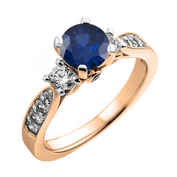1.00 Carat (ctw) 10K Rose Gold Round Blue Sapphire & White Diamond Ladies 3 Stone Bridal Engagement Ring 1 CT