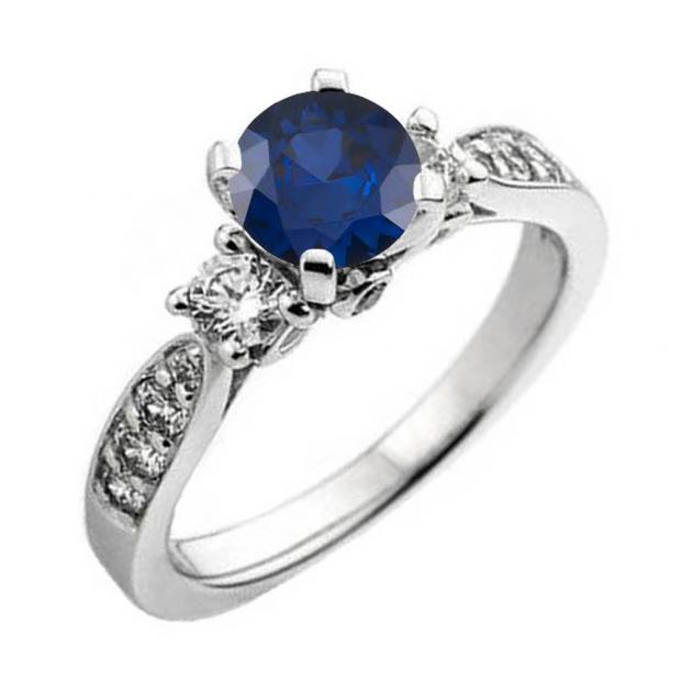 1.00 Carat (ctw) 10K White Gold Round Blue Sapphire & White Diamond Ladies 3 Stone Bridal Engagement Ring 1 CT