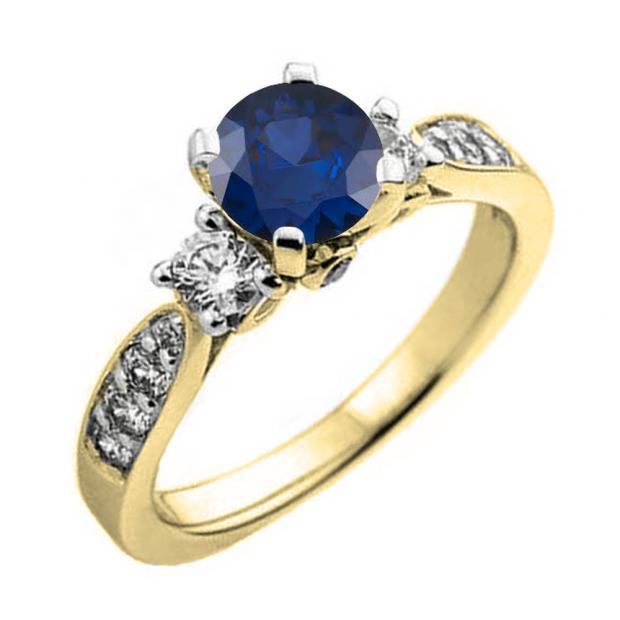 1.00 Carat (ctw) 10K Yellow Gold Round Blue Sapphire & White Diamond Ladies 3 Stone Bridal Engagement Ring 1 CT