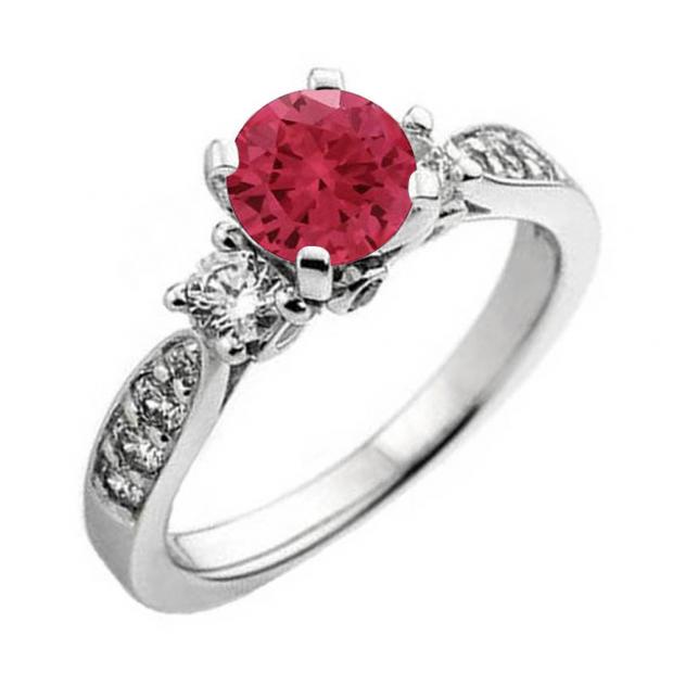 1.00 Carat (ctw) 14K White Gold Round Red Ruby & White Diamond Ladies 3 Stone Bridal Engagement Ring 1 CT