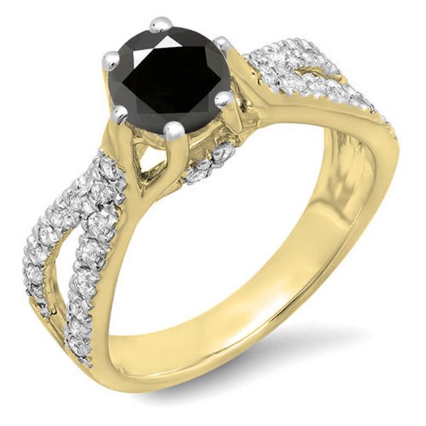 1.14 Carat (ctw) 18K Yellow Gold Round Black & White Diamond Ladies Engagement Bridal Split Shank Ring; 0.74 CT center