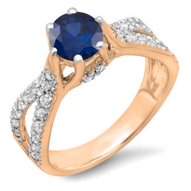 1.14 Carat (ctw) 10K Rose Gold Round Blue Sapphire & White Diamond Ladies Engagement Bridal Split Shank Ring; 0.74 CT center