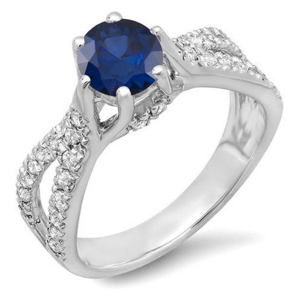 1.14 Carat (ctw) 18K White Gold Round Blue Sapphire & White Diamond Ladies Engagement Bridal Split Shank Ring; 0.74 CT center