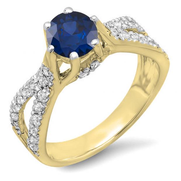 1.14 Carat (ctw) 18K Yellow Gold Round Blue Sapphire & White Diamond Ladies Engagement Bridal Split Shank Ring; 0.74 CT center