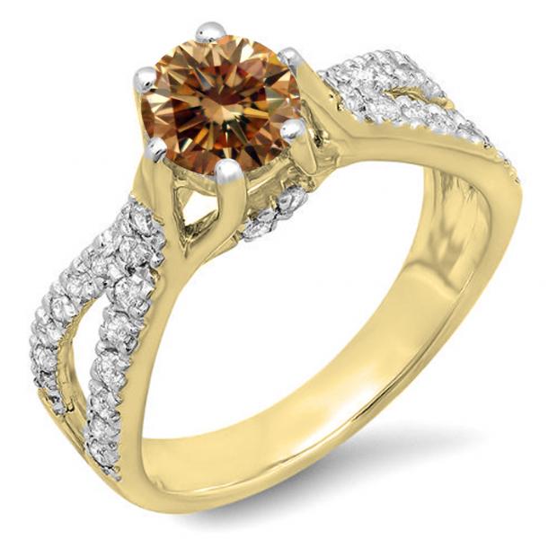 1.14 Carat (ctw) 10K Yellow Gold Round Champagne & White Diamond Ladies Engagement Bridal Split Shank Ring; 0.74 CT center
