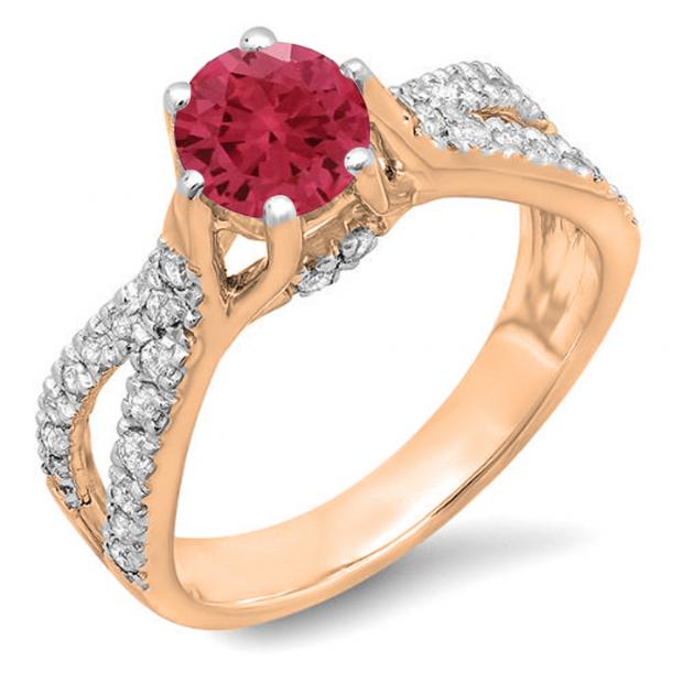 1.14 Carat (ctw) 10K Rose Gold Round Red Ruby & White Diamond Ladies Engagement Bridal Split Shank Ring; 0.74 CT center