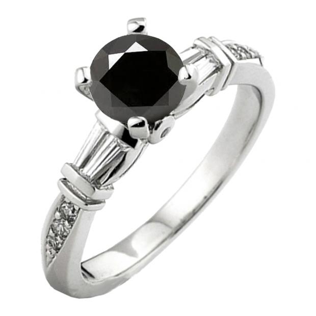 1.33 Carat (ctw) 18K White Gold Round & Baguette Black & White Diamond Ladies Bridal Engagement Ring