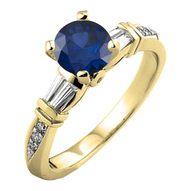 1.33 Carat (ctw) 10K Yellow Gold Round & Baguette Blue Sapphire & White Diamond Ladies Bridal Engagement Ring