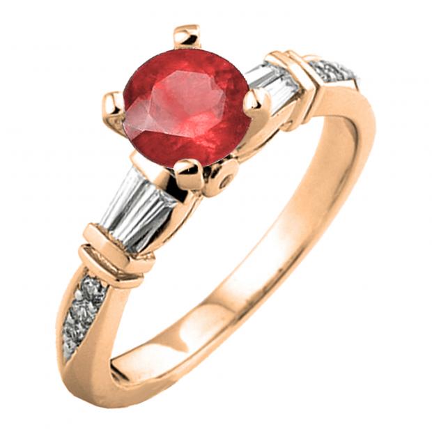 1.33 Carat (ctw) 10K Rose Gold Round & Baguette Red Ruby & White Diamond Ladies Bridal Engagement Ring