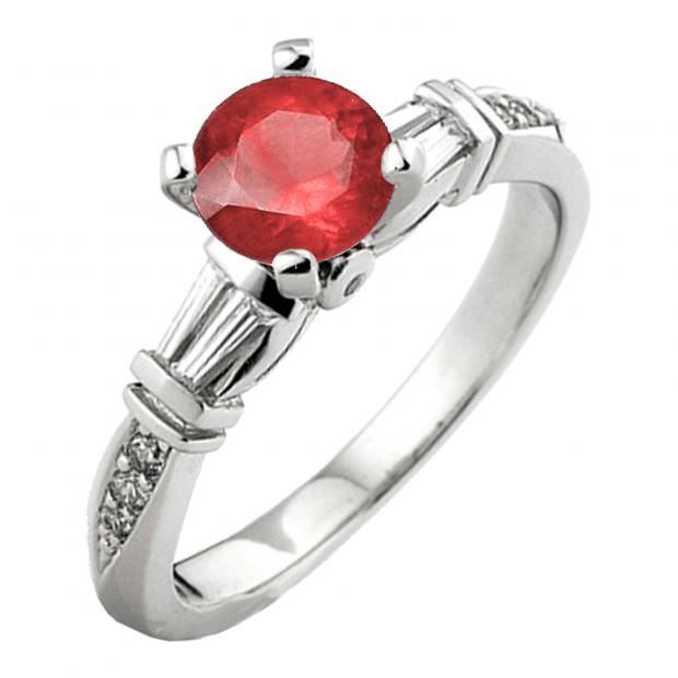 1.33 Carat (ctw) 10K White Gold Round & Baguette Red Ruby & White Diamond Ladies Bridal Engagement Ring