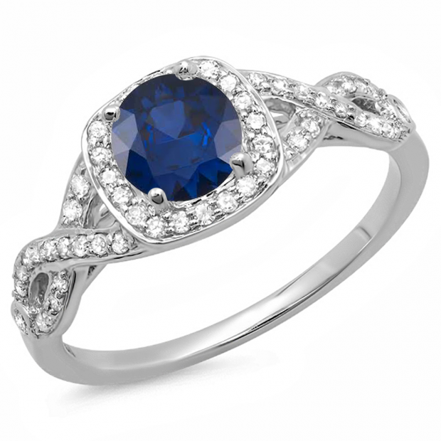 1.00 Carat (ctw) 14K White Gold Round Blue Sapphire & White Diamond Ladies Swirl Split Shank Halo Engagement Ring 1 CT