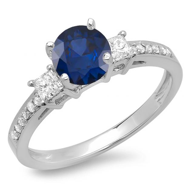 1.35 Carat (ctw) 14K White Gold Princess & Round Blue Sapphire & White Diamond Ladies Bridal 3 Stone Engagement Ring