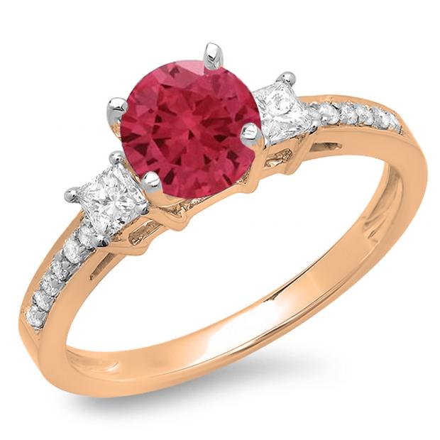 1.35 Carat (ctw) 14K Rose Gold Princess & Round Red Ruby & White Diamond Ladies Bridal 3 Stone Engagement Ring