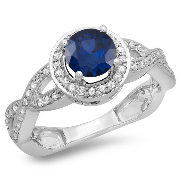 1.50 Carat (ctw) 14K White Gold Round White Diamond & Blue Sapphire Ladies Bridal Split Shank Halo Engagement Ring 1 1/2 CT