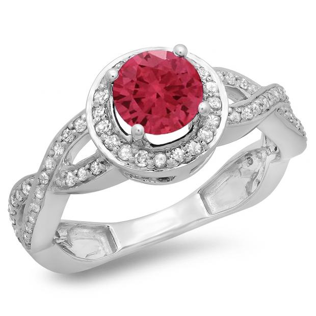 1.50 Carat (ctw) 10K White Gold Round White Diamond & Red Ruby Ladies Bridal Split Shank Halo Engagement Ring 1 1/2 CT