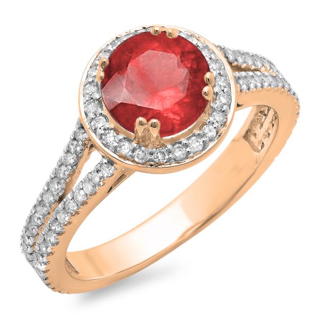1.50 Carat (ctw) 10K Rose Gold Round Cut Red Ruby & White Diamond Ladies Bridal Split Shank Halo Engagement Ring 1 1/2 CT